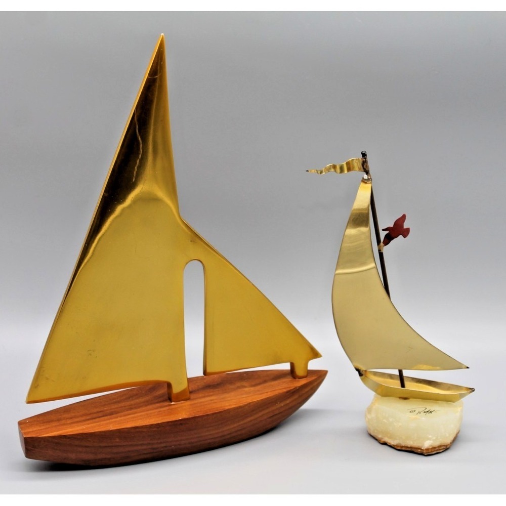 Vintage Sailboat Sculpture Figurines Lot of 2 John DeMott Brass Wood Onyx